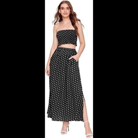 Women's Summer Printed 2 Piece Set Crop Tube Top Split Long Skirt - Picture 5 of 7